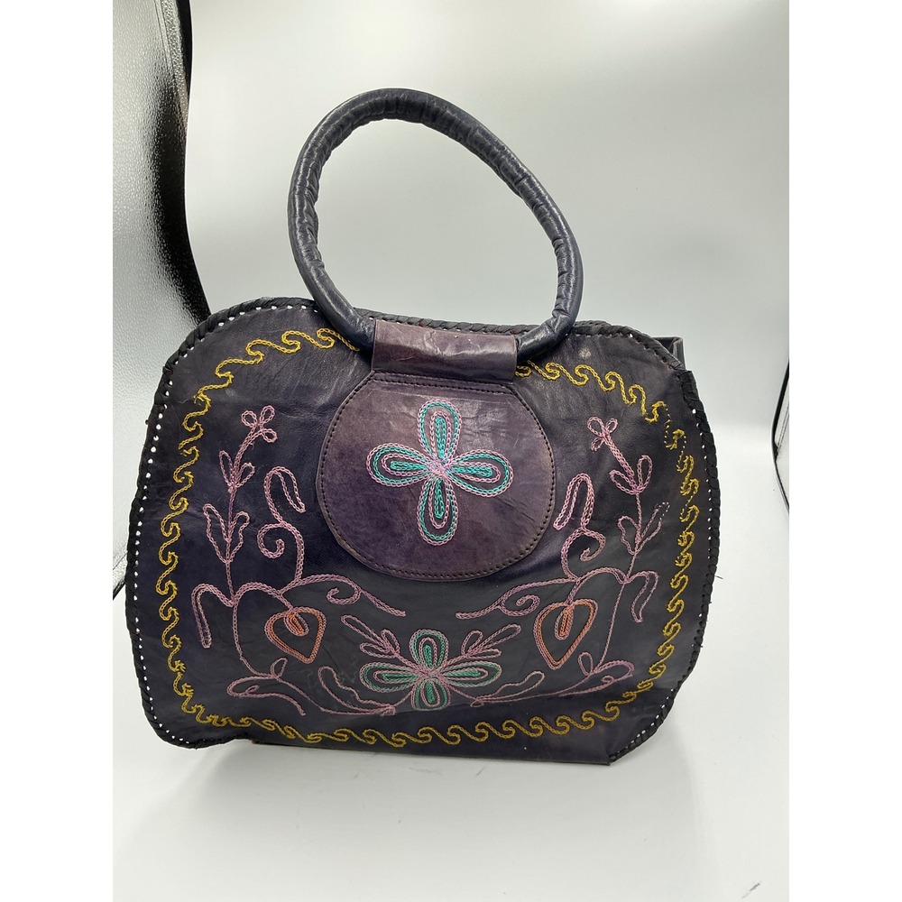 Vintage Purple Sheepskin Leather Embroidered Boho‎ Handbag Made in India Floral